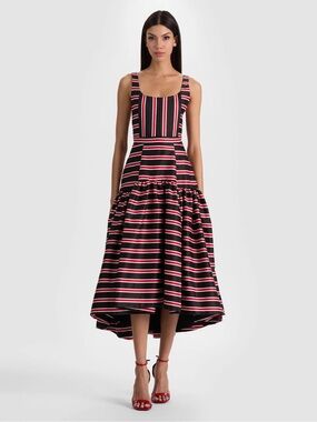 Alice + Olivia Black, Red and White Striped High-Low Fit Dress